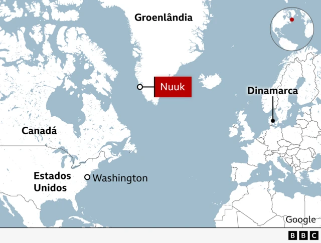 Mapa da Groenlândia, América do Norte e Europa