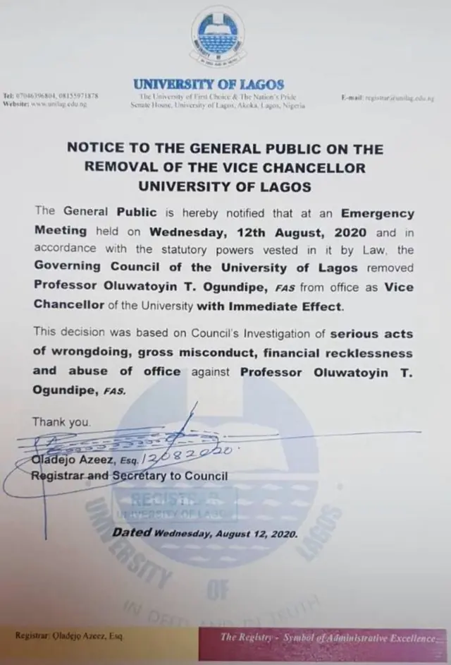 UNILAG VC sacked