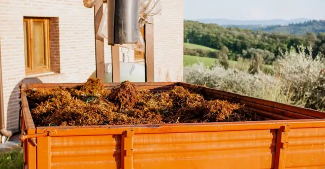 Sistema industrial de extracción de orujo de uva en una bodega con carga automatizada mediante tuberías en un remolque naranja para compostaje o uso como biocombustible, fotografiado con luz de atardecer.
