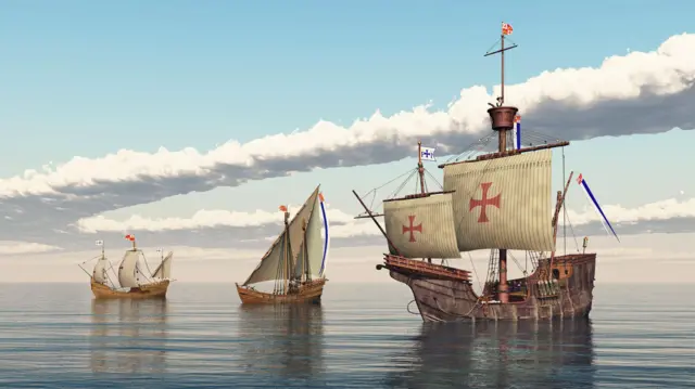 ilustración de los barcos de colón que llegaron por primera vez a américa