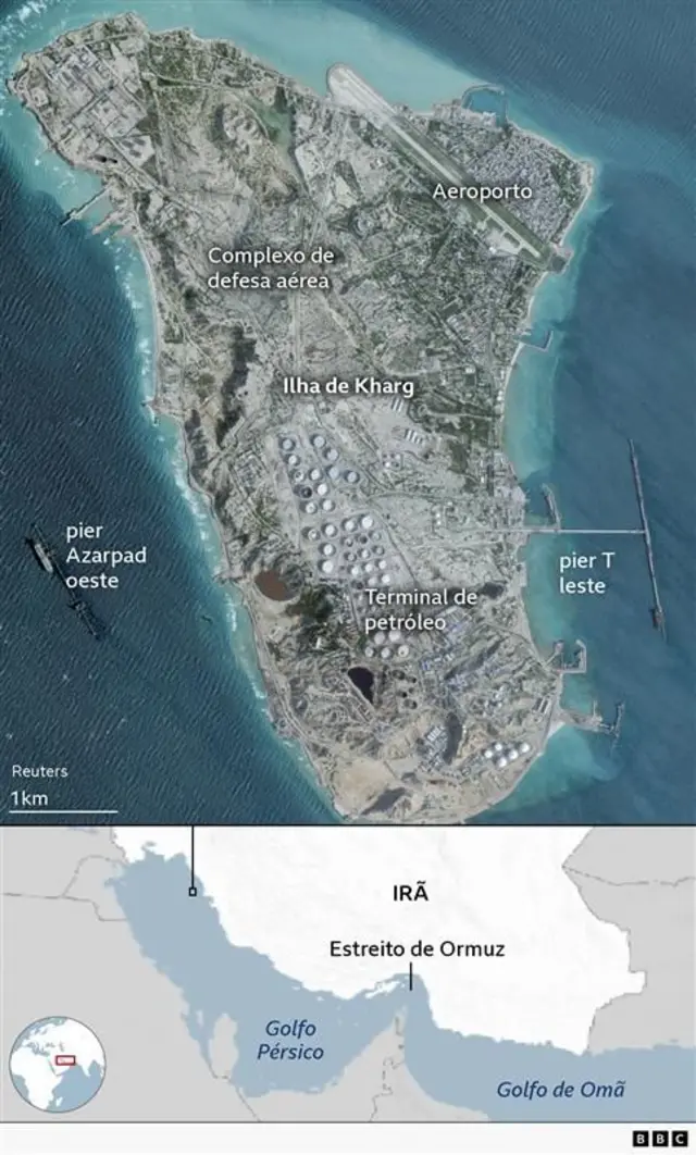 Foto aérea da ilha de Kharg na costa do Irã no Golfo Pérsico, identificando lugares como Terminal de petróleo, aeroporto e instalações de defesa aérea