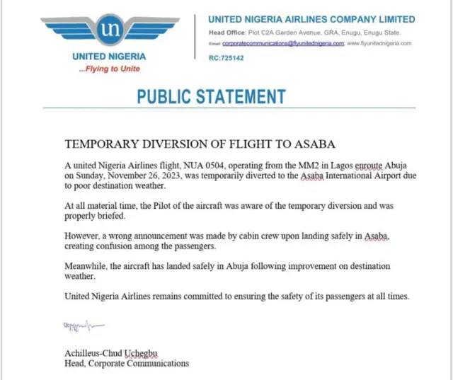 Aworan atẹjade ti United Nigeria Airlines fi sita