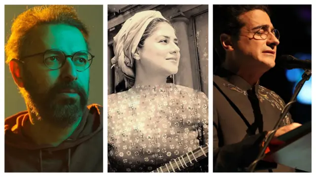 از راست: همایون شجریان،‌ سحر محمدی بروجردی و تهمورس پورناظری