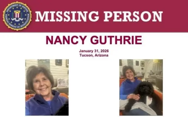 Afiche de las autoridades de búsqueda de Nancy Guthrie, desaparecida el 31 de enero de 2026 de su casa