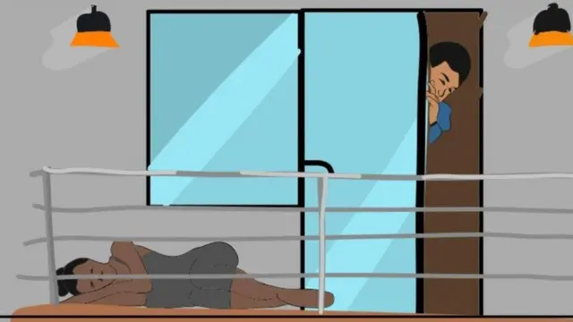 Drawing of woman dey sleep and man dey spy am