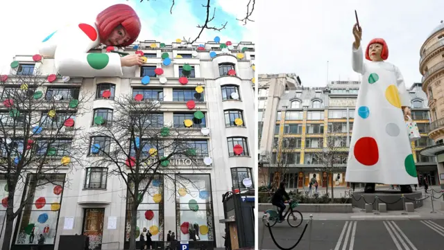 Skulptura Jajoi Kusame postavljena je ispred prodavnice Luj Viton u Parizu 2023. godine, a radnja je prekrivena šarenim tufnicama