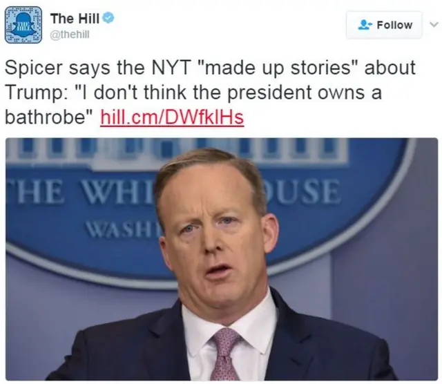 "Spincer mengatakan NYT 'mengarang cerita' tentang Trump: "Saya kira Presiden tak memiliki mantel mandi."