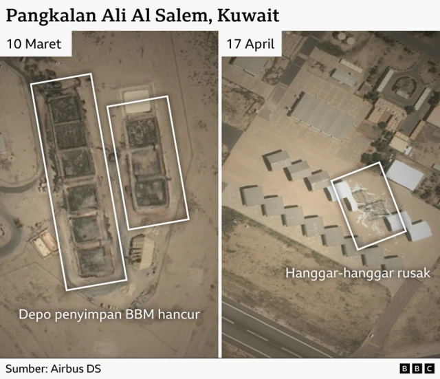 Sebuah citra satelit yang memperlihatkan kerusakan di Pangkalan Udara Ali Al Salem di Kuwait. Di sebelah kiri terlihat tangki bahan bakar yang hancur, sedangkan di sebelah kanan terlihat hanggar-hanggar yang rusak. 