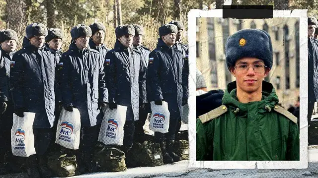 Коллаж из фотографии срочников с пакетами "Единой России" и снимка улыбающегося молодого человека в военной форме и больших очках