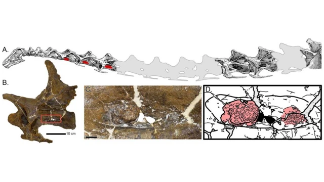 ภาพขยายให้เห็นร่องรอยของการติดเชื้อ ซึ่งยังปรากฏอยู่บนซากฟอสซิลตรงกระดูกส่วนลำคอ