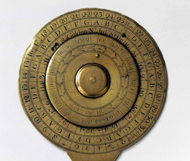 A brass perpetual calendar made by Hartston which was used for determining the dates of Easter in the Julian and Gregorian calendars