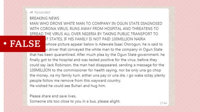 Screenshot of a false report about a taxi driver who apparently ran away from a hospital in Nigeria despite being suspected of having coronavirus