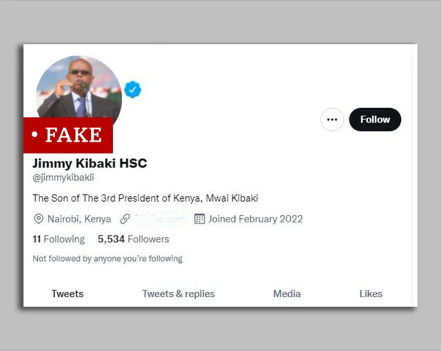 Screengrab of profile of a Twitter account impersonating Jimmy Kibaki