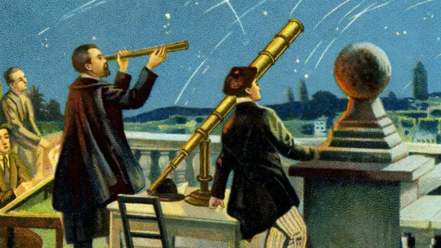 Una pintura que muestra a Giovanni Schiaparelli con su telescopio.