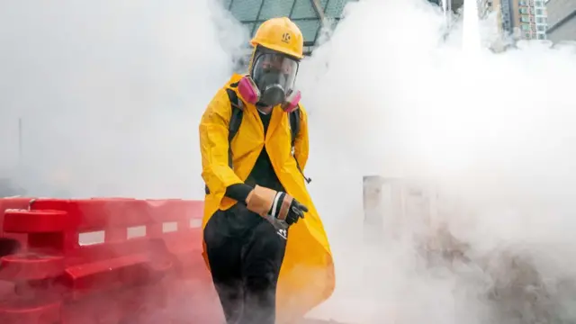 Protester wearing gas mask
