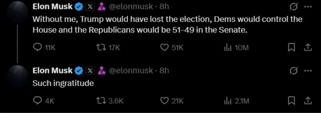 Duas postagens de Elon Musk no X