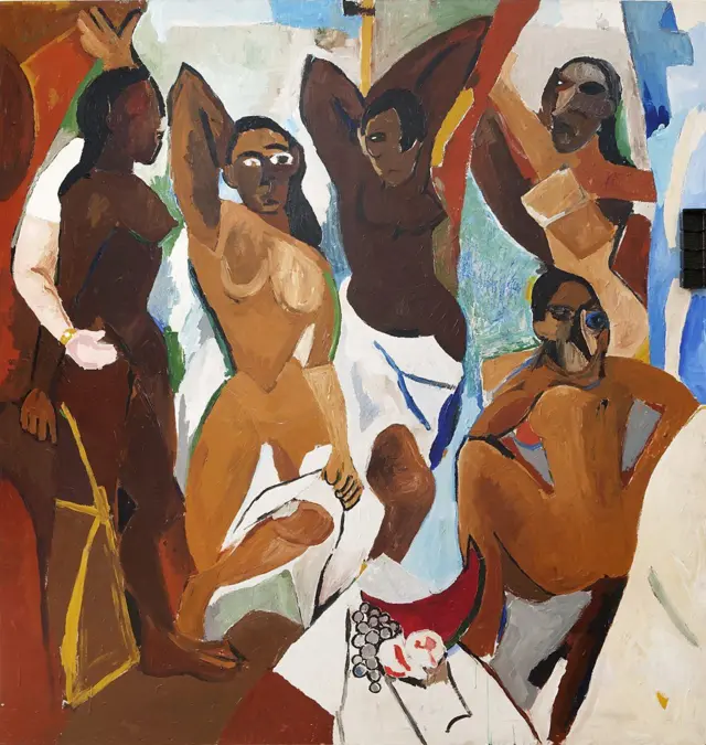 헨리 테일러의 작품 '콩고에서 수도로, 그리고 다시 블랙으로(From Congo to the Capital and Black Again, 2007)'는 현재 파리 피카소 미술관에서 전시 중이다. 다섯 명의 나체 여성이 화면을 가득 채우고 있는 회화 작품이다. 인물들은 검은색과 갈색 피부톤으로 표현돼 있으며, 각진 얼굴과 단순화된 신체 형태를 하고 있다. 일부 인물은 두 팔을 머리 위로 올리고 서 있고, 다른 인물은 앉거나 몸을 비튼 자세를 취하고 있다. 화면 아래 중앙에는 과일이 놓인 작은 테이블이 보인다. 전체적으로 붓질이 거칠고 형태가 분절돼 있으며, 갈색·주황색·푸른색·흰색이 강하게 대비된다. 피카소의 ‘아비뇽의 처녀들’을 연상시키는 구도이지만, 등장인물들은 모두 흑인 여성으로 재해석돼 있다.