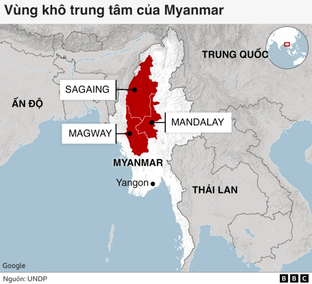 Bản đồ hiển thị vị trí vùng khô của Myanmar, gồm Sagaing, Magway và Mandalay
