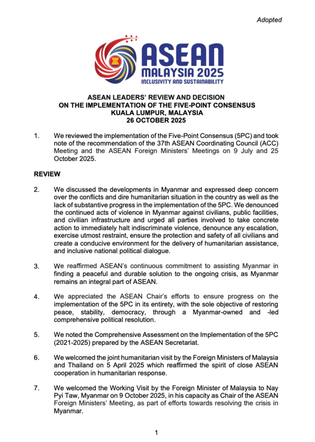 ထိပ်ဆွေးနွေးပွဲအပြီး ထုတ်ပြန်တဲ့ ၂၈ ချက်ပါ အာဆီယံခေါင်းဆောင်တွေရဲ့ ကြေညာချက်