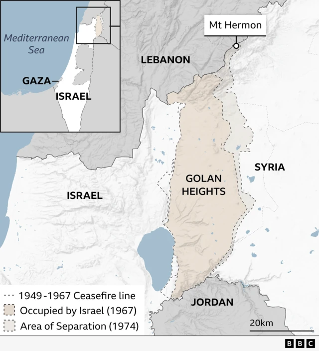 Map showing the Israeli-occupied Golan Heights and Area of Separation, recently seized by Israeli forces.