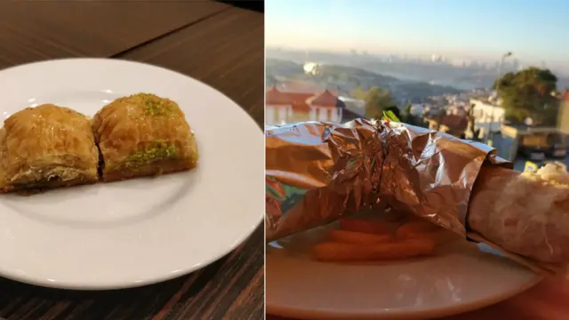 (በግራ) ባቅላቫ እና (በቀኝ) ዶነር ወይም ኬባብ