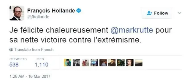 Fransa Cumhurbaşkanı Hollande: Mark Rutte'yi aşırıcılığa karşı zaferinden ötürü yürekten kutluyorum.