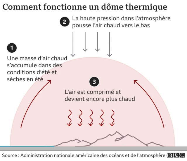 Un graphique montrant comment se forment les dômes de chaleur. 1) Une masse d'air chaud s'accumule dans des conditions estivales calmes et sèches. 2) Une pression atmosphérique élevée fait descendre l'air chaud. 3) L'air est comprimé et devient encore plus chaud.