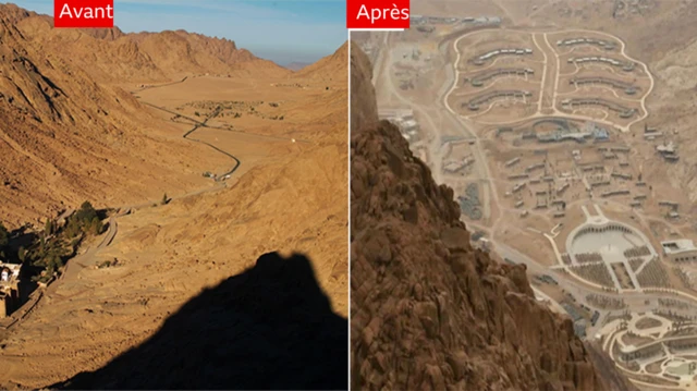 Vue aérienne du mont Sinaï avant sa transformation, alors qu'il s'agissait d'un site désertique longtemps isolé, et pendant sa transformation, avec des hôtels, des villas, etc. en cours de construction. 