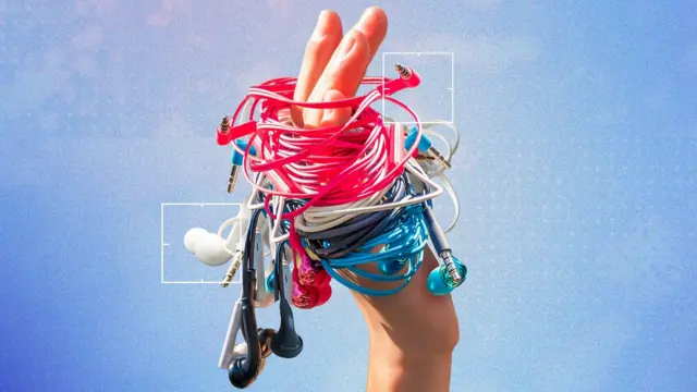 Un manojo de cables en una mano. 