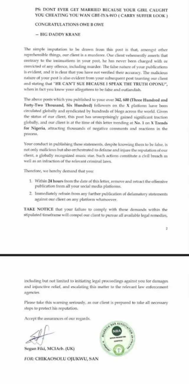 Lẹta ti lọọya Davido kọ si Dammy Krane