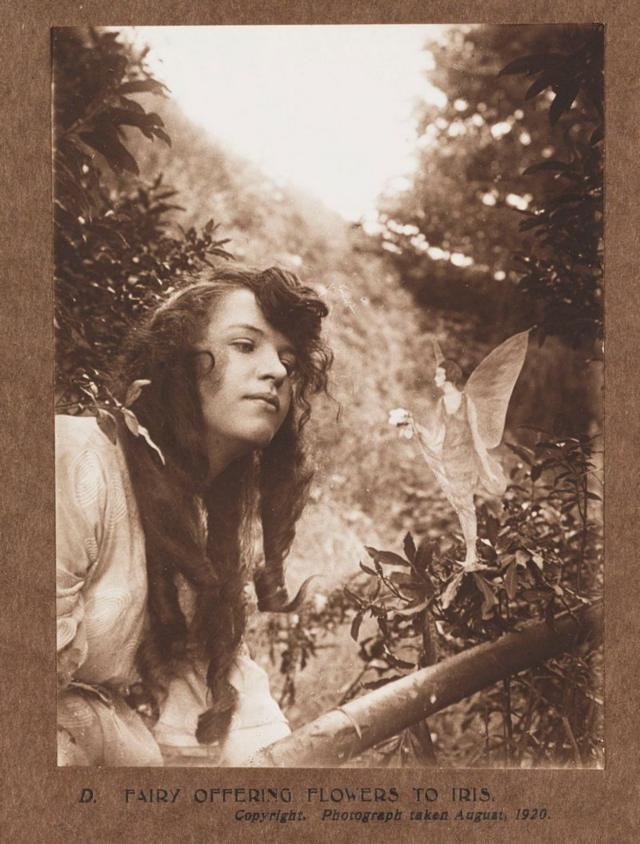 Uma fada parada808 365betum galho808 365betárvore, oferecendo a Elsie um pequeno buquê808 365betflores