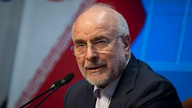 暗い色のジャケットを着た白髪、白いひげ、メガネの男性がマイクを前に口を少し開いている