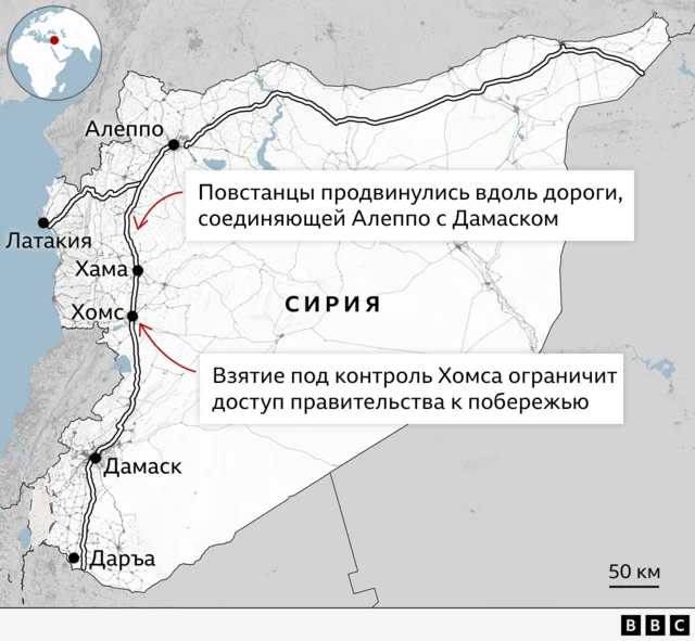 На карте отмечены основные города Сирии и связывающие их дороги