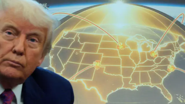 Trump em frente a um mapa dos EUA que ilustra o sistema de defesa antimíssil Domo de Ouro