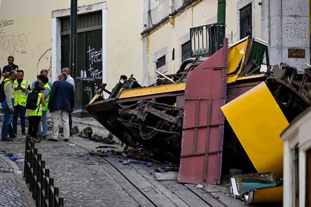 Una calle de adoquines empinada. A la izquierda están los resto del funicular destrozados, incluyendo una placa de metal amarilla y otra de color rosado. En la esquina superior derecho hay un grupo de unas 7 personas, incluyendo tres que llevan chalecos reflectores de color amarillo. 