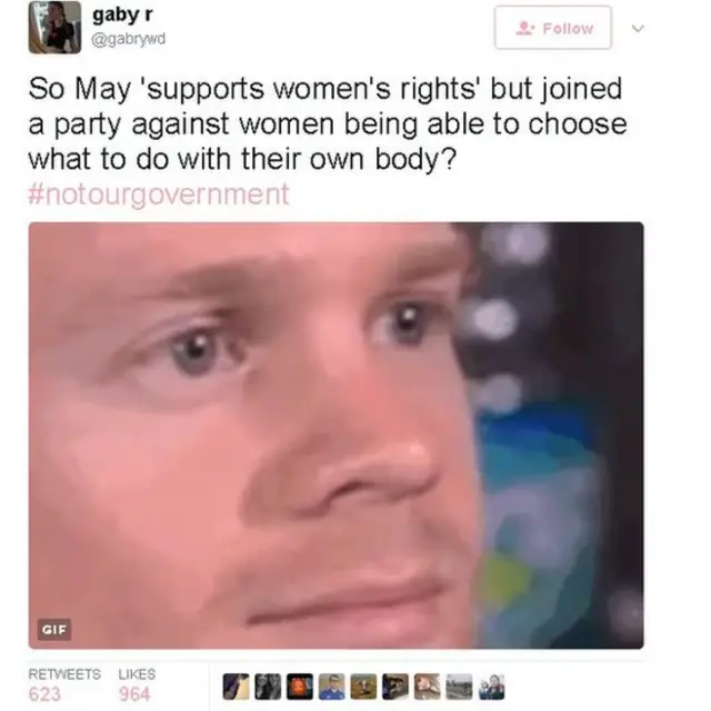 ترجمة التغريدة " ماي تدافع عن حقوق المرأة ولكنها تتحالف مع حزب يرفض حق المرأة في حرية التصرف بجسدها."