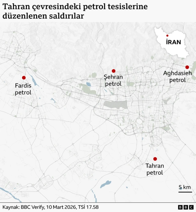 Harita Tahran çevresinde saldırıların hedefi olan petrol tesislerini gösteriyor: 