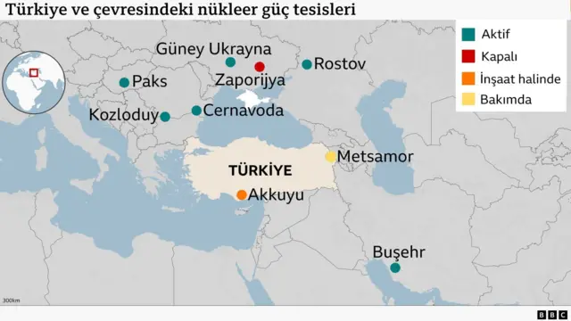Bölgedeki nükleer enerji santrallerini gösteren harita. En batıda Macaristan'dan en doğuda İran'a kadar birçok ülkedeki tesisler işaretlenmiş.