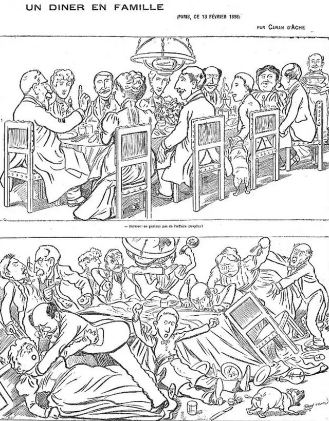Caricatura de Una comida familiar en la que uno de los comensales pide "Por favor no hablemos del caso Dreyfus".