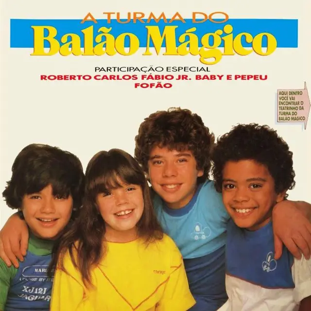 Capa da turma do Balão Mágico, com quatro crianças sorrindo