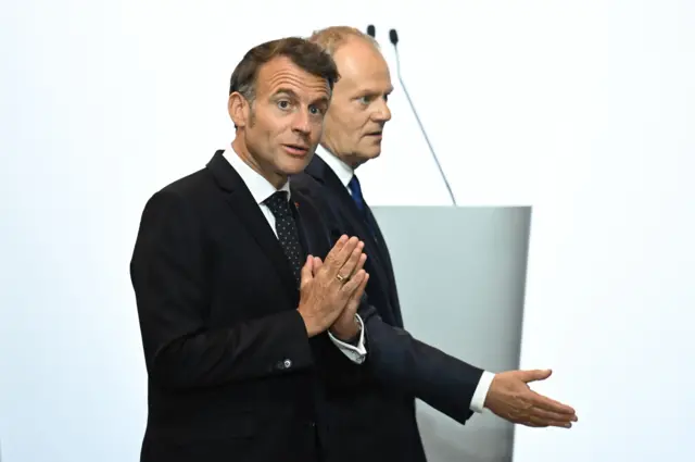 Премьер-министр Польши Дональд Туск (справа) и президент Франции Эммануэль Макрон (слева)