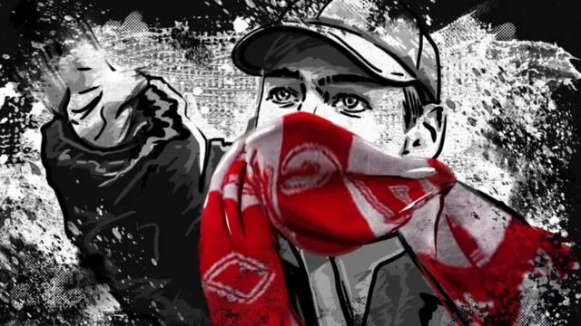 تصویرسازی از یک جوان با کلاه و که نیمی از صورتش را با شالی قرمز و سفید پوشانده است و دستش را بالا برده است