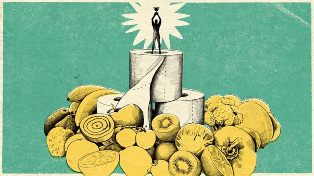 Ilustração mostrando frutas e pessoa levantando troféu em cima de pilha de papéis higiênicos