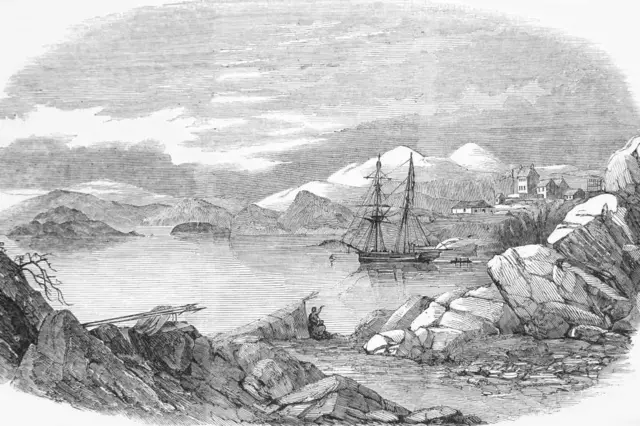 Un grabado muestra un asentamiento danés al sur de Groenlandia en 1853.