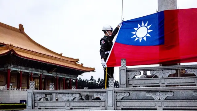 台湾中正纪念堂前两名宪兵升旗（资料图片）