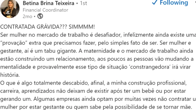 Postagemcomo cadastrar no brazino777Betina Brina Teixeira contando sobrecomo cadastrar no brazino777contratação durante a gravidez