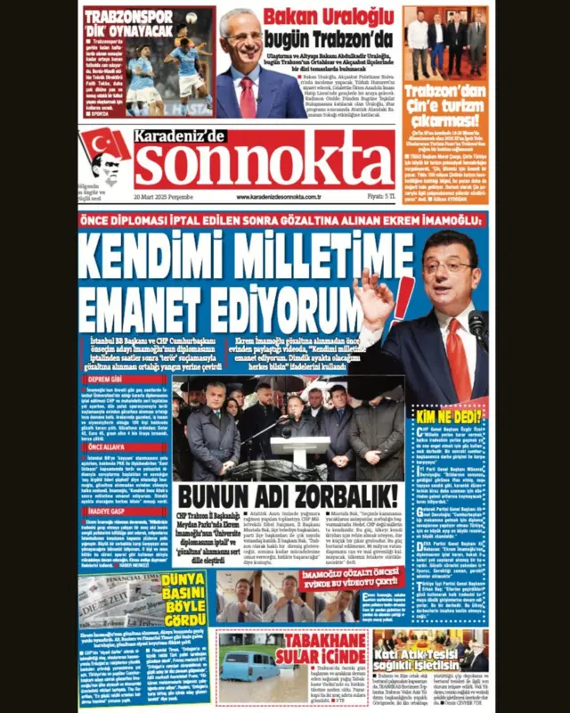 Karadeniz'de Son Nokta gazetesinin 20 Mart tarihli ön sayfası