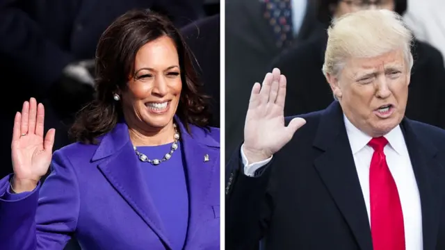 Composite image shows Kamala Harris taking the oath of office to become Vice-President in 2021, and Donald Trump taking the oath of office to become the US president in 2017