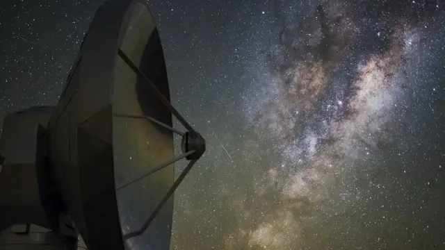 A radio astronomy dish to the right, the Milky Way galaxy to the left