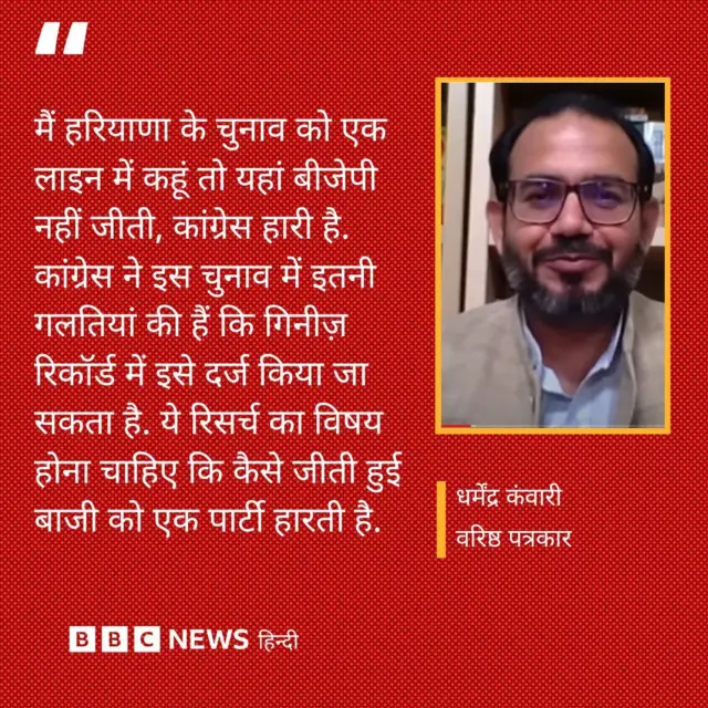 वरिष्ठ पत्रकार धर्मेंद्र कंवारी ने हरियाणा विधानसभा चुनाव के नतीजों पर कहा कि बीजेपी ये चुनाव जीती नहीं है बल्कि कांग्रेस हारी है.